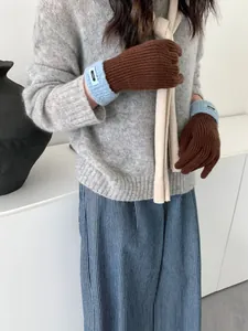 Detailaufnahme der Strickhandschuhe in Braun und Hellblau mit gewebtem Markenetikett