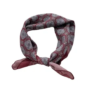 French vintage dark red cotton linen bandana with geometric ethnic patterns for hair styling