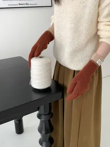 Detail of color-block knitted gloves with woven label and warm wool texture detail