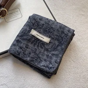Floral cotton linen scarf in dark grey with vintage rose print and explore infinity label