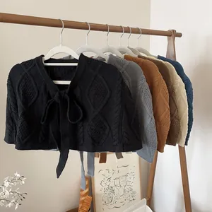 Minimalist cable-knit shawl cardigan for women in multiple colors with front tie closure