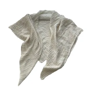 Pleated ivory cotton linen scarf with delicate white lace trim for women fashion