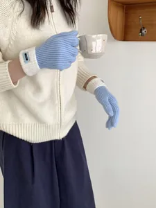 Detailansicht hellblauer Strickhandschuhe mit ERET-Markenlabel und weißem Plüschbund