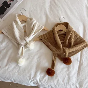 Korean Style Knitted Pom Pom Triangle Scarf For Women Sweet Cute Hollow Shawl Wrap Crochet Woolen Yarn Warm Scarf Winter Accessory