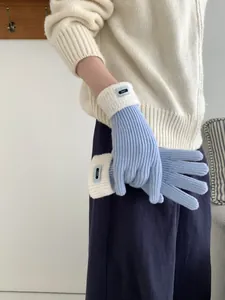 Detailaufnahme von Strickhandschuhen mit hellblauem Körper, cremefarbenen Bündchen und Label