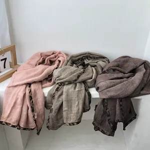 Women leopard print cotton linen scarves in pink, light coffee and dark brown colors