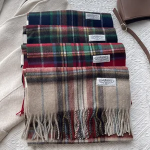 Soft wool plaid scarf set with tassels in four autumn colors for winter warmth