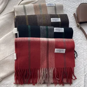Classic British style plaid cashmere scarves with fringe and brand label in various colors