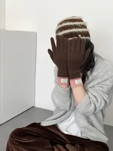Detailed knit gloves with touchscreen tips and pink ribbed cuffs for cold weather comfort