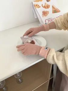 Detailansicht der rosa Strickhandschuhe mit weichem Plüschbund und blauen Etiketten