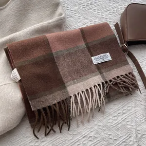 Detailaufnahme eines dicken karierten Wollschals mit Fransen und Vintage-Textur