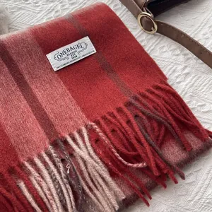 Close-up of red plaid cashmere scarf texture with soft fringe and woven brand label