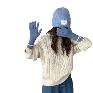 Women's light blue touchscreen knitted gloves with white stripe winter accessories