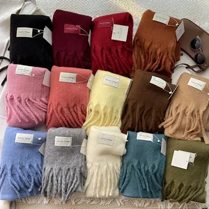 Winter Solid Color Tassel Scarf For Women Men Soft Imitation Cashmere Shawl Wrap Warm Neck Scarf Icelandic Sea Salt Blue