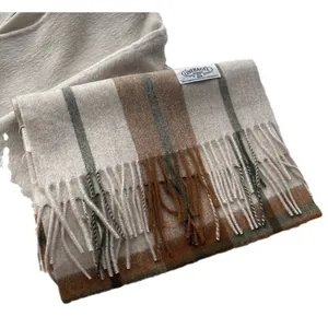 Classic British plaid cashmere scarf in matcha hazelnut with fringes and vintage style