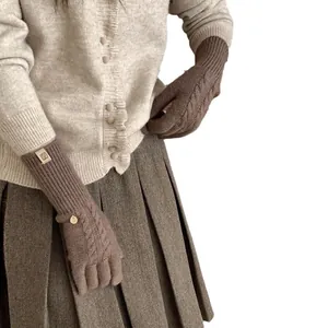 Warm vintage cable knit wool blend touchscreen gloves in dark brown with long ribbed cuffs