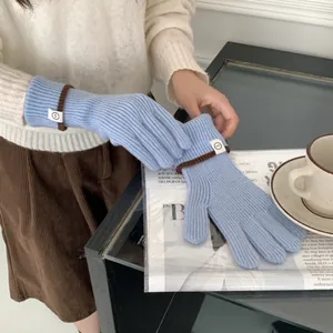 Texture tricotée détaillée de gants en cachemire bleu clair avec bord brun et patch blanc
