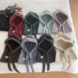 Women Autumn Winter Knitted Balaclava Hooded Scarf Solid Color Button Windproof Warm Knit Hat Outdoor Neck Warmer