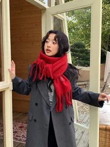Close-up of thick red tassel scarf with wool texture paired with a grey double-breasted coat