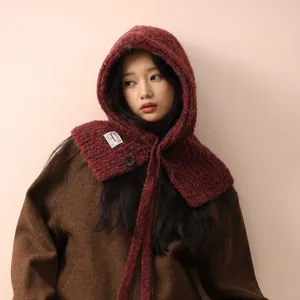 Winter burgundy knit balaclava hat with button and drawstring for women