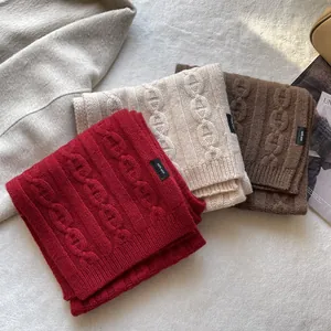 Thick 100% wool knitted scarf featuring chunky chain textures in red, cream, and brown