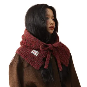 Red mixed knit balaclava hood scarf with adjustable tie for women in winter style