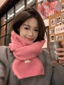 Close-up of pink knit scarf with Soft-Wool label and golden logo on a grey sweater
