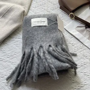 Detail of grey wool scarf featuring long tassels, a white woven label, and paper gift tags