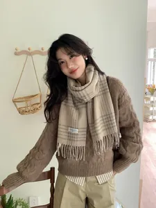 Close-up of khaki plaid wool scarf with fringe detail and brand label on winter sweater