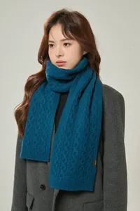 Close-up of cable knit texture on 100% wool scarf with official material label