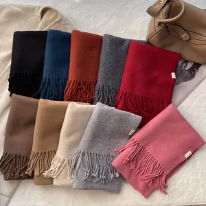 Classic pure wool woven scarf for women with tassels in various solid autumn winter colors