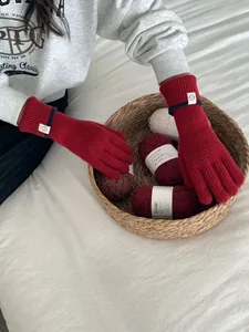 Gros plan de gants en cachemire rouge tricotés avec poignets rayés pour l'hiver