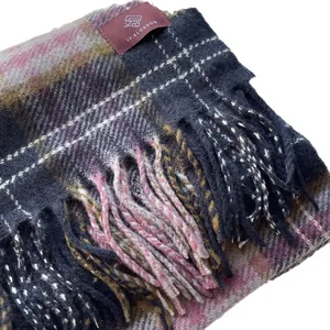 Classic plaid knit scarf with fringes in pink and grey tones for autumn winter warmth