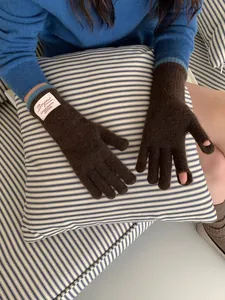Dettaglio di guanti in maglia marroni con fessure per dita per l'uso di touch screen