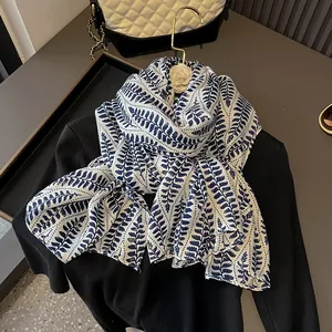 Ethnic cotton linen scarf with blue fern leaf pattern for women, stylish autumn winter wrap