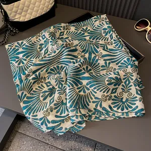 Vintage green cotton linen scarf with floral print and frayed edges for summer sun protection
