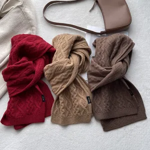 Trio of 100% Merino wool cable knit scarves in red, khaki and brown for winter warmth