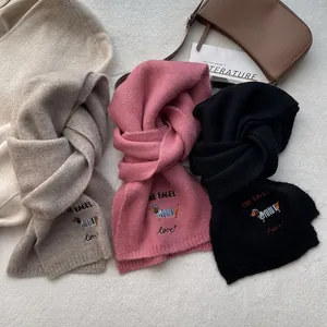 Cute Dachshund Embroidered Knitted Scarf Soft Warm Winter Wool Blend Neck Warmer For Women Girls Student Japanese Style
