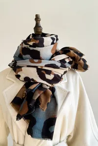 Close-up of leopard print scarf with soft cashmere feel and fringe edge details