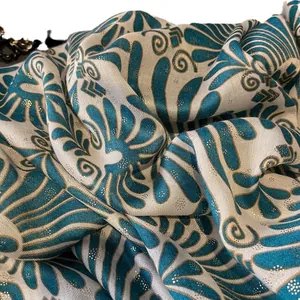 Lake blue cotton linen scarf with vintage pattern and gold glitter detail beach wrap
