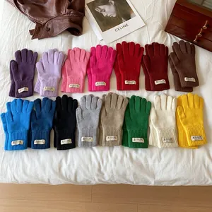 Women Winter Knitted Thick Warm Touchscreen Gloves Solid Color Ribbed Cuff Thermal Five Finger Mittens For Cycling Driving