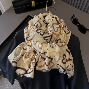 Elegant cotton linen scarf with oil painting heart print and fringe trim for women