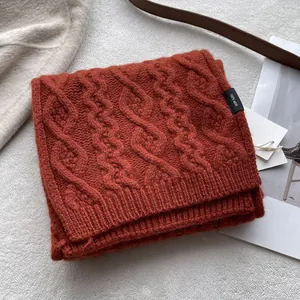 Macro shot of rust red 100% merino wool scarf with classic chunky cable knit texture