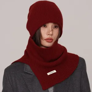 Burgundy 100% wool knitted slouchy beanie hat and neck warmer set for winter
