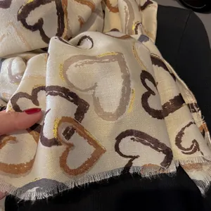 Soft cotton linen scarf with oil painting style heart patterns and gold silk embroidery