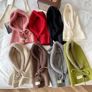 Women Winter Balaclava Hooded Scarf Thickened Knit Hat With Faux Lambswool Lining Adjustable Drawstring Button Warm Neck Warmer