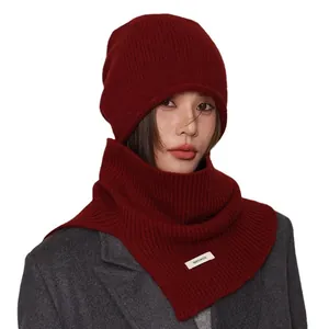 Oversized red 100% pure wool slouchy beanie and neck warmer set for autumn winter