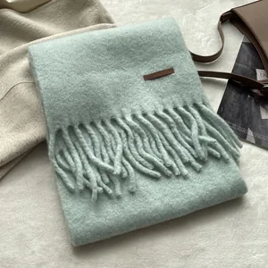 Detail of light green knit scarf featuring thick fringe tassels and a leather brand tag