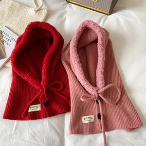 Winter Balaclava knit hat with faux fur trim and drawstring hood in pink and red