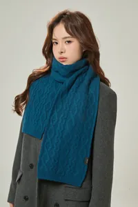 Detail of teal 100% merino wool scarf with cable knit texture worn with grey coat